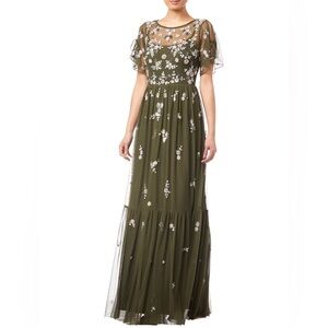Adrianna Papell Boho Beaded Gown: Moss Green